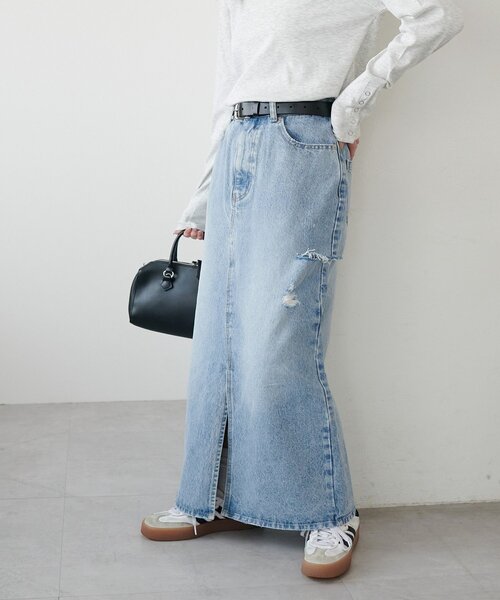 DISCOAT（ディスコート）の「USコットンクラッシュデニムナロースカート（デニムスカート・レディース・サックスブルー・FREE）」の3枚目の写真