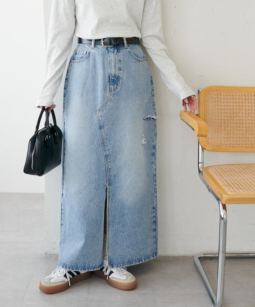 DISCOAT（ディスコート）の「USコットンクラッシュデニムナロースカート（デニムスカート・レディース・サックスブルー・FREE）」の4枚目の写真