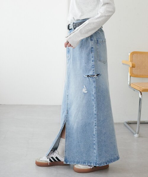 DISCOAT（ディスコート）の「USコットンクラッシュデニムナロースカート（デニムスカート・レディース・サックスブルー・FREE）」の5枚目の写真