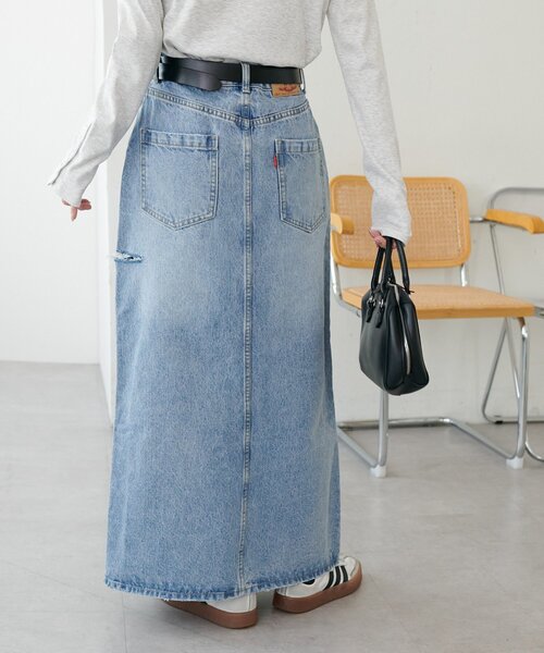 DISCOAT（ディスコート）の「USコットンクラッシュデニムナロースカート（デニムスカート・レディース・サックスブルー・FREE）」の6枚目の写真