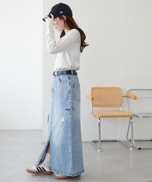 DISCOAT（ディスコート）の「USコットンクラッシュデニムナロースカート（デニムスカート・レディース・サックスブルー・FREE）」の9枚目の写真