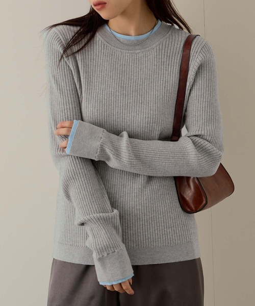 NAVY(ネイビー)の「NAVY 配色レイヤードリブニットプルオーバー(ニット/セーター・レディース・グレー系/ネイビー系/アイボリー系・M/L)」の1枚目の写真