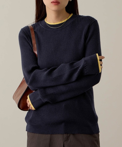 NAVY(ネイビー)の「NAVY 配色レイヤードリブニットプルオーバー(ニット/セーター・レディース・グレー系/ネイビー系/アイボリー系・M/L)」の3枚目の写真