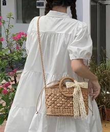 【2WAY】レースリボン付き スクエア 巾着 ストローハンドル ショルダーバッグ ハンドバッグ かごバッグ 浴衣 バッグ
