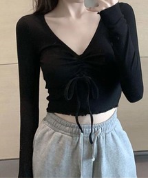 フロントシャーリングクロップド丈長袖トップス