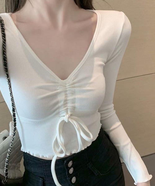 GLAMOROUS JANE（グラマラスジェーン）の「フロントシャーリングクロップド丈長袖トップス（Tシャツ/カットソー・レディース・ブラック/ホワイト・FREE）」の7枚目の写真