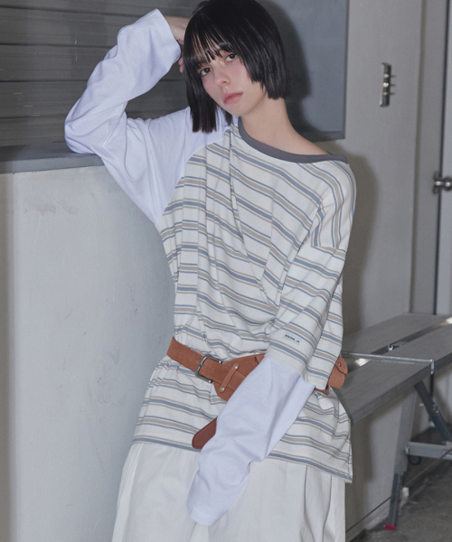 RENSE(レンセ)の「Striped Mixed Sleeve T-Shirt White(Tシャツ/カットソー・レディース・その他・OS)」の2枚目の写真