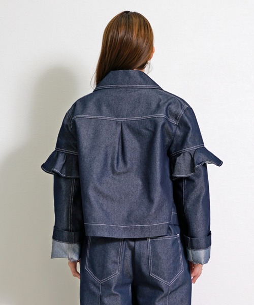 CHhdmn(シーエイチヒデモン)の「ショート丈 デニムジャケット / フリルスリーブ クロップドGジャン(デニムジャケット・レディース・ブラック/インディゴブルー・M/L)」の6枚目の写真