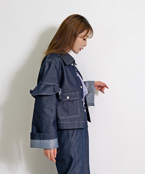 CHhdmn(シーエイチヒデモン)の「ショート丈 デニムジャケット / フリルスリーブ クロップドGジャン(デニムジャケット・レディース・ブラック/インディゴブルー・M/L)」の5枚目の写真