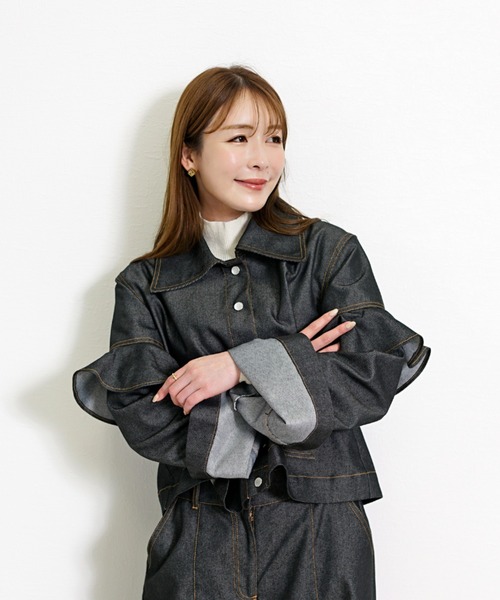 CHhdmn(シーエイチヒデモン)の「ショート丈 デニムジャケット / フリルスリーブ クロップドGジャン(デニムジャケット・レディース・ブラック/インディゴブルー・M/L)」の17枚目の写真