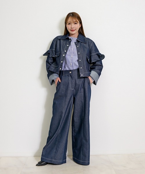 CHhdmn(シーエイチヒデモン)の「ショート丈 デニムジャケット / フリルスリーブ クロップドGジャン(デニムジャケット・レディース・ブラック/インディゴブルー・M/L)」の7枚目の写真
