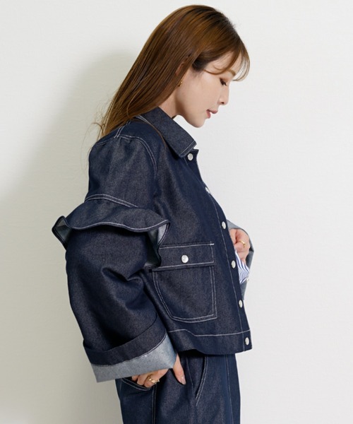 CHhdmn(シーエイチヒデモン)の「ショート丈 デニムジャケット / フリルスリーブ クロップドGジャン(デニムジャケット・レディース・ブラック/インディゴブルー・M/L)」の4枚目の写真