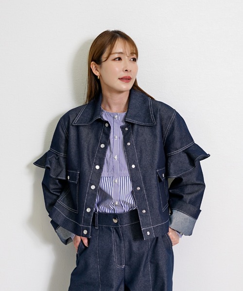 CHhdmn(シーエイチヒデモン)の「ショート丈 デニムジャケット / フリルスリーブ クロップドGジャン(デニムジャケット・レディース・ブラック/インディゴブルー・M/L)」の3枚目の写真
