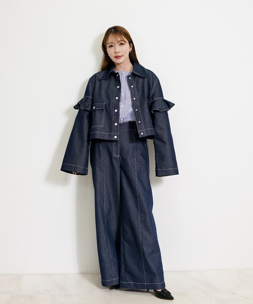 CHhdmn(シーエイチヒデモン)の「ショート丈 デニムジャケット / フリルスリーブ クロップドGジャン(デニムジャケット・レディース・ブラック/インディゴブルー・M/L)」の8枚目の写真