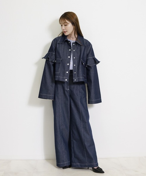 CHhdmn(シーエイチヒデモン)の「ショート丈 デニムジャケット / フリルスリーブ クロップドGジャン(デニムジャケット・レディース・ブラック/インディゴブルー・M/L)」の10枚目の写真
