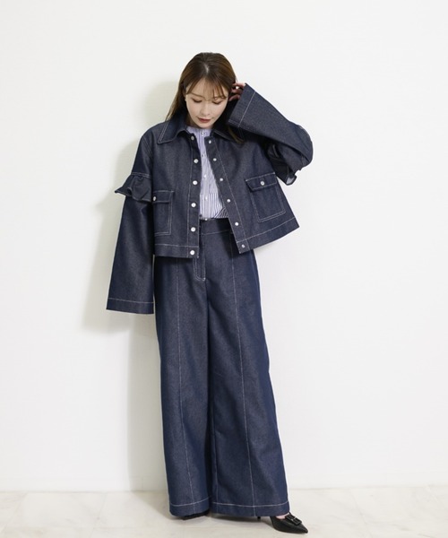 CHhdmn(シーエイチヒデモン)の「ショート丈 デニムジャケット / フリルスリーブ クロップドGジャン(デニムジャケット・レディース・ブラック/インディゴブルー・M/L)」の9枚目の写真