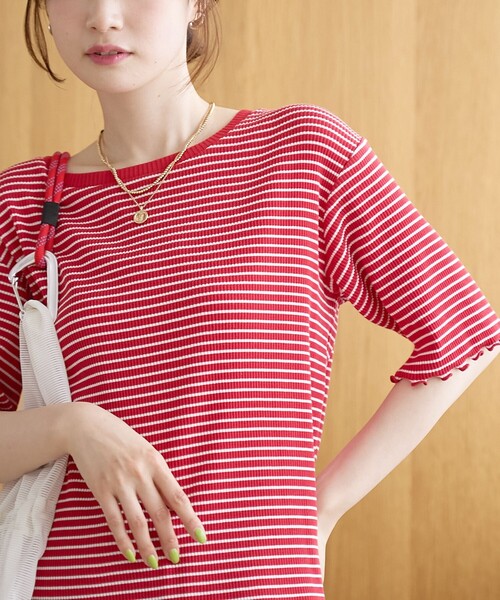 coen（コーエン）の「メロークルーネック リブ半袖ゆるTシャツ（Tシャツ/カットソー・レディース・オフホワイト/ブラック/レッド/オリーブ・M/L）」の4枚目の写真