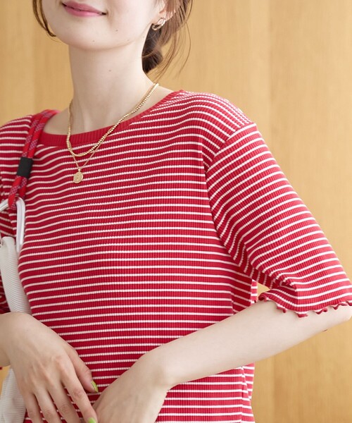 coen（コーエン）の「メロークルーネック リブ半袖ゆるTシャツ（Tシャツ/カットソー・レディース・オフホワイト/ブラック/レッド/オリーブ・M/L）」の20枚目の写真