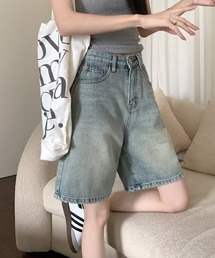 ハイウエストデニムハーフパンツ 春夏《5分丈/ショート/レディース/ワイド/ウォッシュ加工》