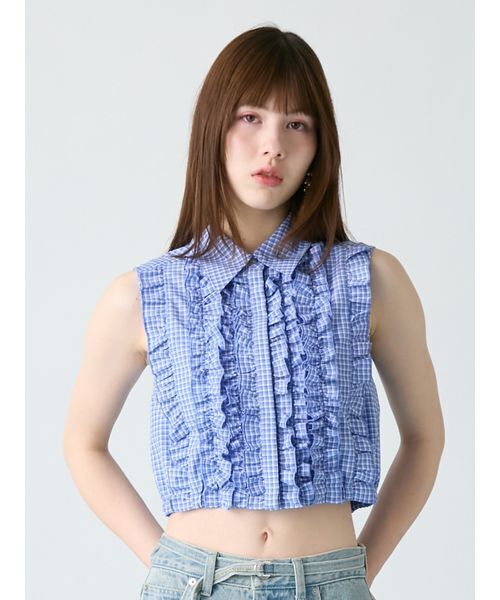 FURFUR（ファーファー）の「ノースリーブフリルブラウス（シャツ/ブラウス・レディース・ネイビー/ブルー/ホワイト・F）」の3枚目の写真
