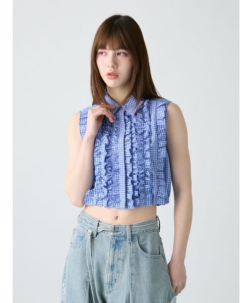 FURFUR（ファーファー）の「ノースリーブフリルブラウス（シャツ/ブラウス・レディース・ネイビー/ブルー/ホワイト・F）」の8枚目の写真
