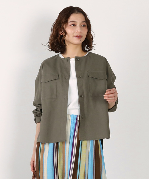 新品 MELROSE　メルローズ　チャック　リネン　アウターシャツ　みどり 綿麻クルーシャツジャケット】（ノーカラージャケット）｜MELROSE