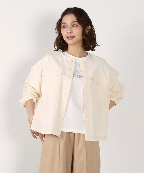 MELROSE claire(メルローズ クレール)の「【綿麻クルーシャツジャケット】(ノーカラージャケット・レディース・カーキ/ダークネイビー/キナリ・FREE)」の2枚目の写真