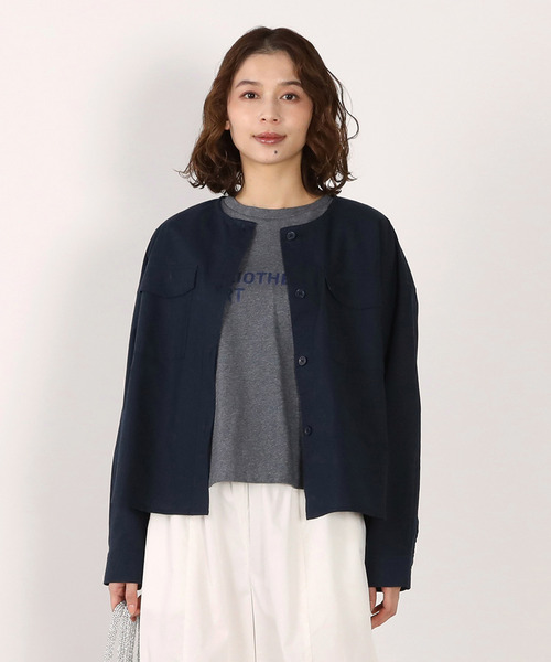 MELROSE claire(メルローズ クレール)の「【綿麻クルーシャツジャケット】(ノーカラージャケット・レディース・カーキ/ダークネイビー/キナリ・FREE)」の1枚目の写真
