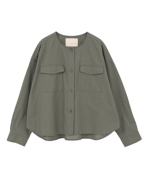 新品 MELROSE　メルローズ　チャック　リネン　アウターシャツ　みどり 綿麻クルーシャツジャケット】（ノーカラージャケット）｜MELROSE