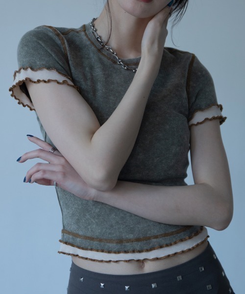 VACANCY(ヴァカンシー)の「ウォッシュ加工レイヤードリブTシャツ(Tシャツ/カットソー・レディース・ネイビー/グリーン/ブラウン・FREE)」の3枚目の写真