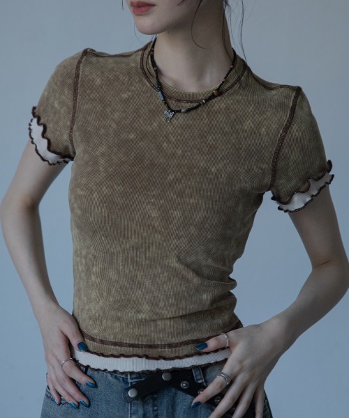 VACANCY(ヴァカンシー)の「ウォッシュ加工レイヤードリブTシャツ(Tシャツ/カットソー・レディース・ネイビー/グリーン/ブラウン・FREE)」の4枚目の写真