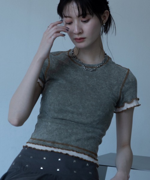 VACANCY(ヴァカンシー)の「ウォッシュ加工レイヤードリブTシャツ(Tシャツ/カットソー・レディース・ネイビー/グリーン/ブラウン・FREE)」の14枚目の写真