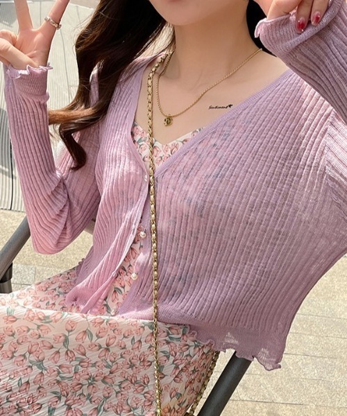 LUCPY(ラクピー)の「シアーリブショートカーディガン(カーディガン/ボレロ・レディース・ライトブルー/ブラック/パープル/ピンク/グリーン/ホワイト・FREE)」の5枚目の写真