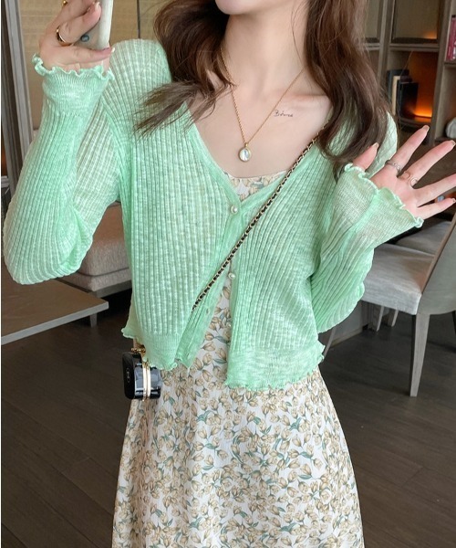 LUCPY(ラクピー)の「シアーリブショートカーディガン(カーディガン/ボレロ・レディース・ライトブルー/ブラック/パープル/ピンク/グリーン/ホワイト・FREE)」の3枚目の写真
