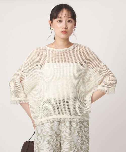 green label relaxing（グリーンレーベルリラクシング）の「フリンジ ニット プルオーバー（ニット/セーター・レディース・その他1/オフホワイト/ブラック・FREE）」の6枚目の写真