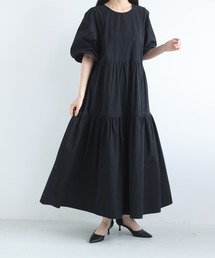 レディース カジュアル ロングワンピース 丸首 切替デザイン ウエスト紐マーク