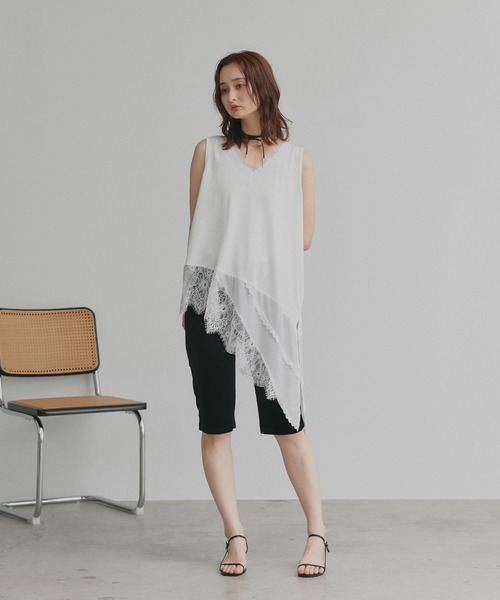 ad thie(アドティエ)の「レース ヘム ノースリーブ チュニック トップス(Tシャツ/カットソー・レディース・オフホワイト/ブラック・FREE)」の3枚目の写真