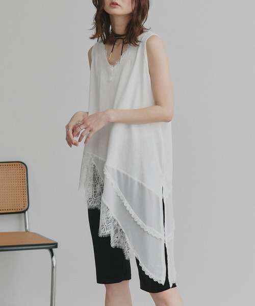 ad thie(アドティエ)の「レース ヘム ノースリーブ チュニック トップス(Tシャツ/カットソー・レディース・オフホワイト/ブラック・FREE)」の6枚目の写真