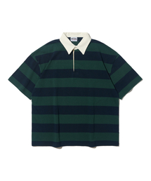 TAILOR STUDIO（テーラースタジオ）の「オックスフォードストライプポロスウェット半袖Tシャツ（グリーン/ネイビー）（ポロシャツ）」