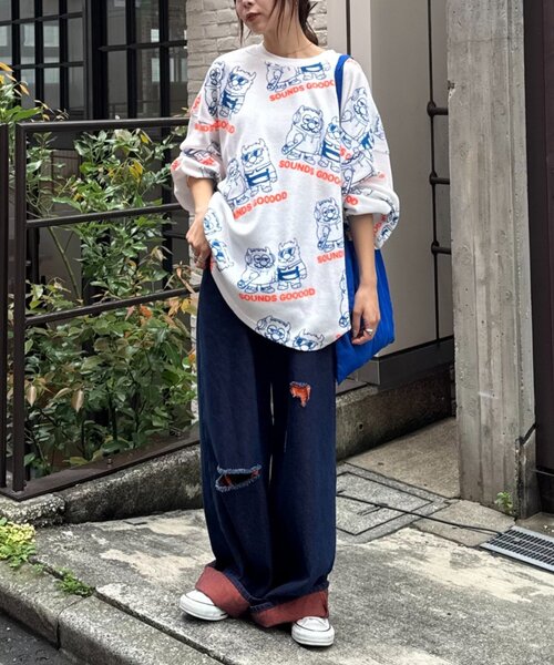 SOUNDSGOOOOD（サウンズグッド）の「【SOUNDS GOOOD】モンスター総柄ワッフルプリントロンTEE（Tシャツ/カットソー・メンズ・オフホワイト/ブラック/ピンク・ONE SIZE）」の4枚目の写真