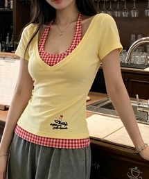 フェイクレイヤードデザイン配色Tシャツ