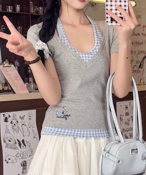 SHOUYO（ショウヨウ）の「フェイクレイヤードデザイン配色Tシャツ（Tシャツ/カットソー・レディース・グレー/イエロー・M）」の4枚目の写真