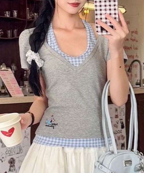 SHOUYO（ショウヨウ）の「フェイクレイヤードデザイン配色Tシャツ（Tシャツ/カットソー・レディース・グレー/イエロー・M）」の6枚目の写真