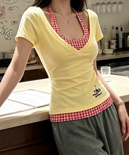 SHOUYO（ショウヨウ）の「フェイクレイヤードデザイン配色Tシャツ（Tシャツ/カットソー・レディース・グレー/イエロー・M）」の9枚目の写真