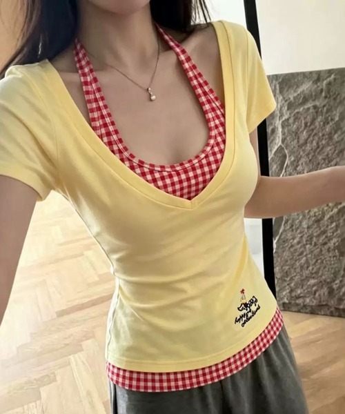 SHOUYO（ショウヨウ）の「フェイクレイヤードデザイン配色Tシャツ（Tシャツ/カットソー・レディース・グレー/イエロー・M）」の10枚目の写真