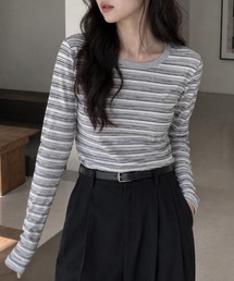 【一枚でサマになる着映えアイテム】リブテレコ ボーダー トップス ロンT 秋服