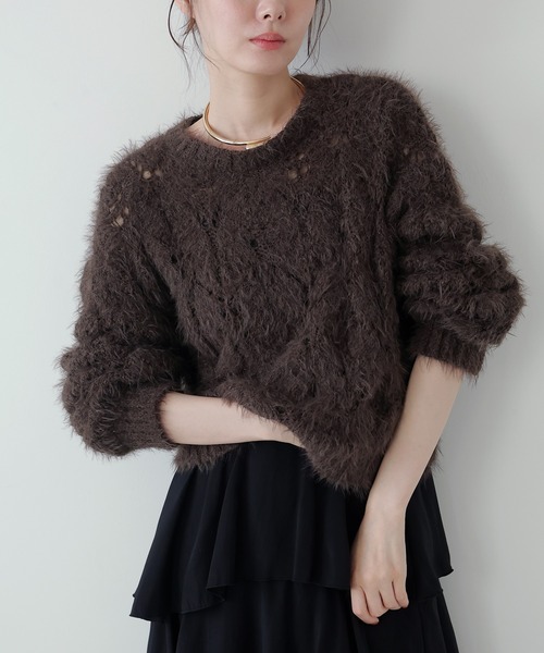 AMUU. PRECIEUSE(アムープレシューズ)の「モールフェザー透かし編みニット(ニット/セーター・レディース・アイボリー/チャコールグレー/ブラウン/ピンク・FREE)」の7枚目の写真
