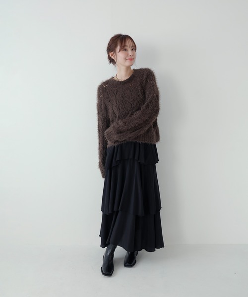 AMUU. PRECIEUSE(アムープレシューズ)の「モールフェザー透かし編みニット(ニット/セーター・レディース・アイボリー/チャコールグレー/ブラウン/ピンク・FREE)」の8枚目の写真
