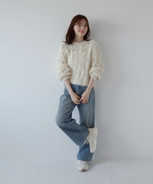 AMUU. PRECIEUSE(アムープレシューズ)の「モールフェザー透かし編みニット(ニット/セーター・レディース・アイボリー/チャコールグレー/ブラウン/ピンク・FREE)」の19枚目の写真