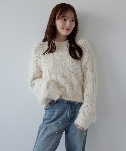 AMUU. PRECIEUSE(アムープレシューズ)の「モールフェザー透かし編みニット(ニット/セーター・レディース・アイボリー/チャコールグレー/ブラウン/ピンク・FREE)」の22枚目の写真